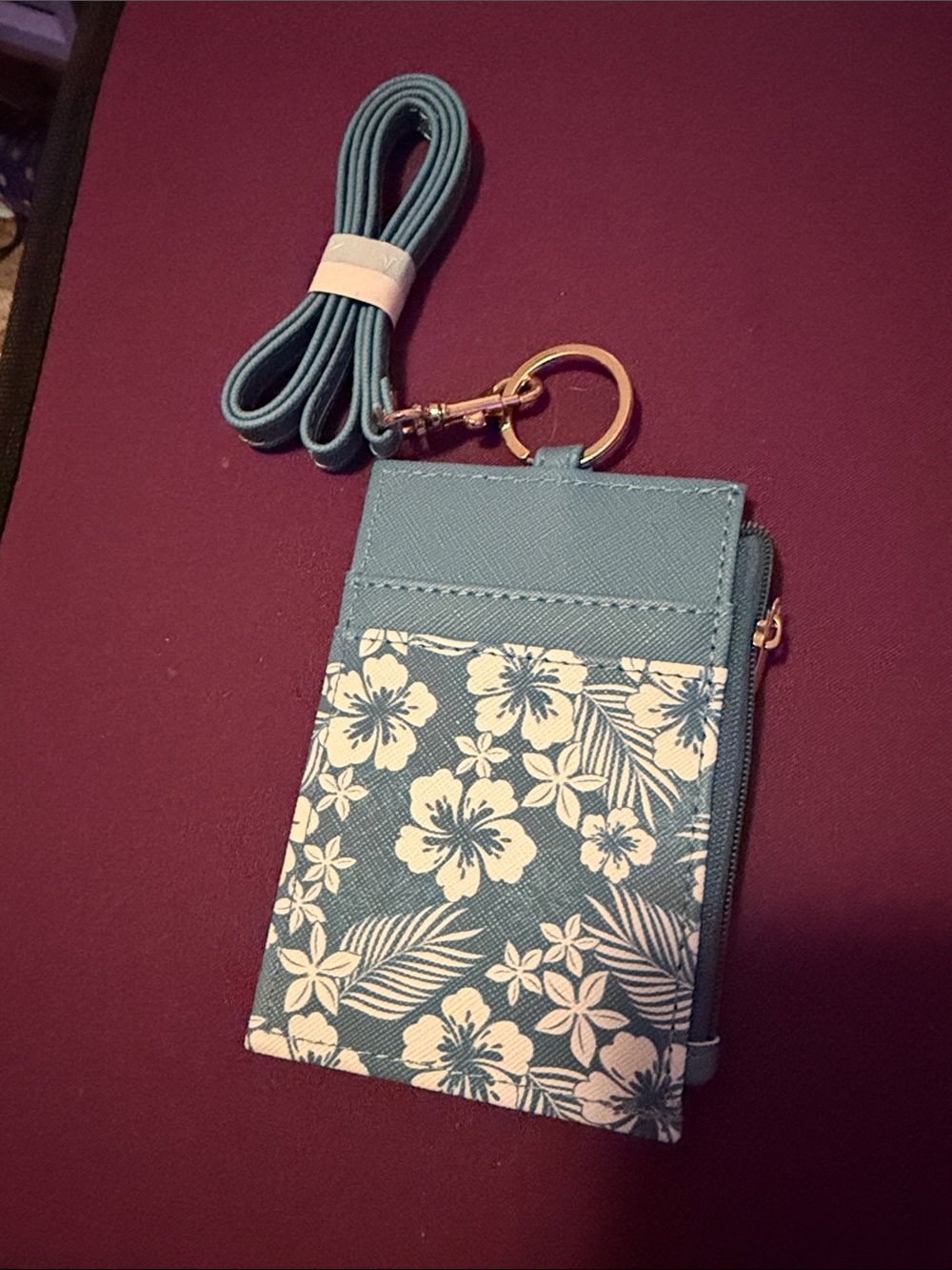 Blue Floral Card Holder Keychain with Lanyard